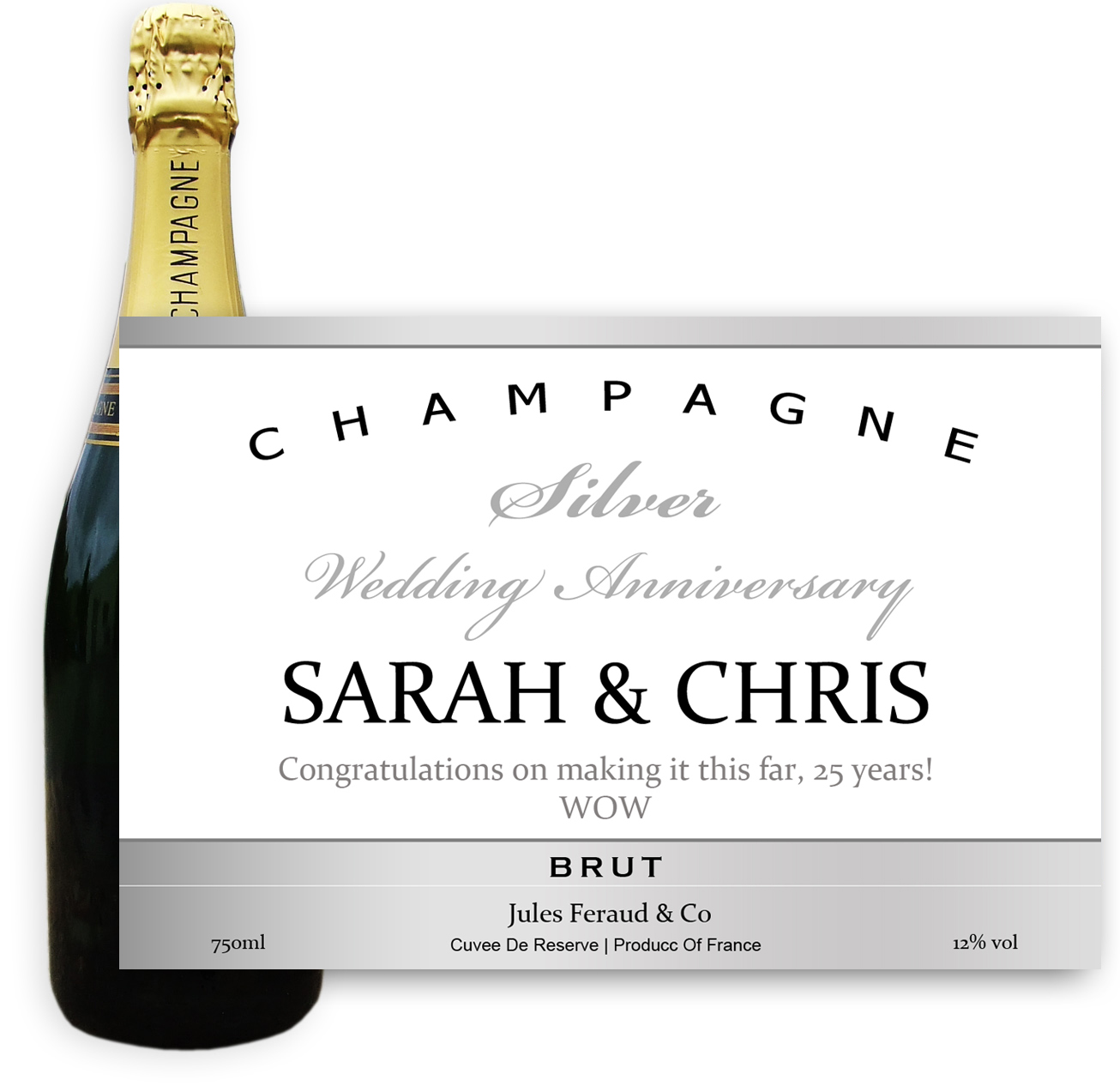 Buy & Send Personalised Champagne - Silver Anniversary Label